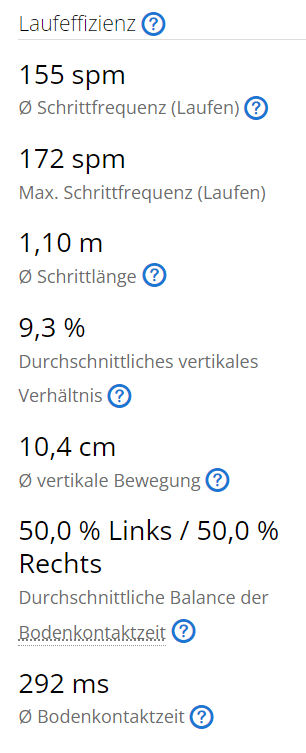 Laufeffizienz - Zusammenfassung der Laufparameter