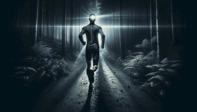 Läufer mit Stirnlampe im Wald
