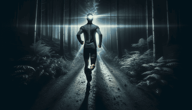 Läufer mit Stirnlampe im Wald Läufer mit Stirnlampe im Wald