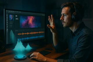 Person sitzt vor einem Bildschirm und interagiert per Gestensteuerung mit dem System